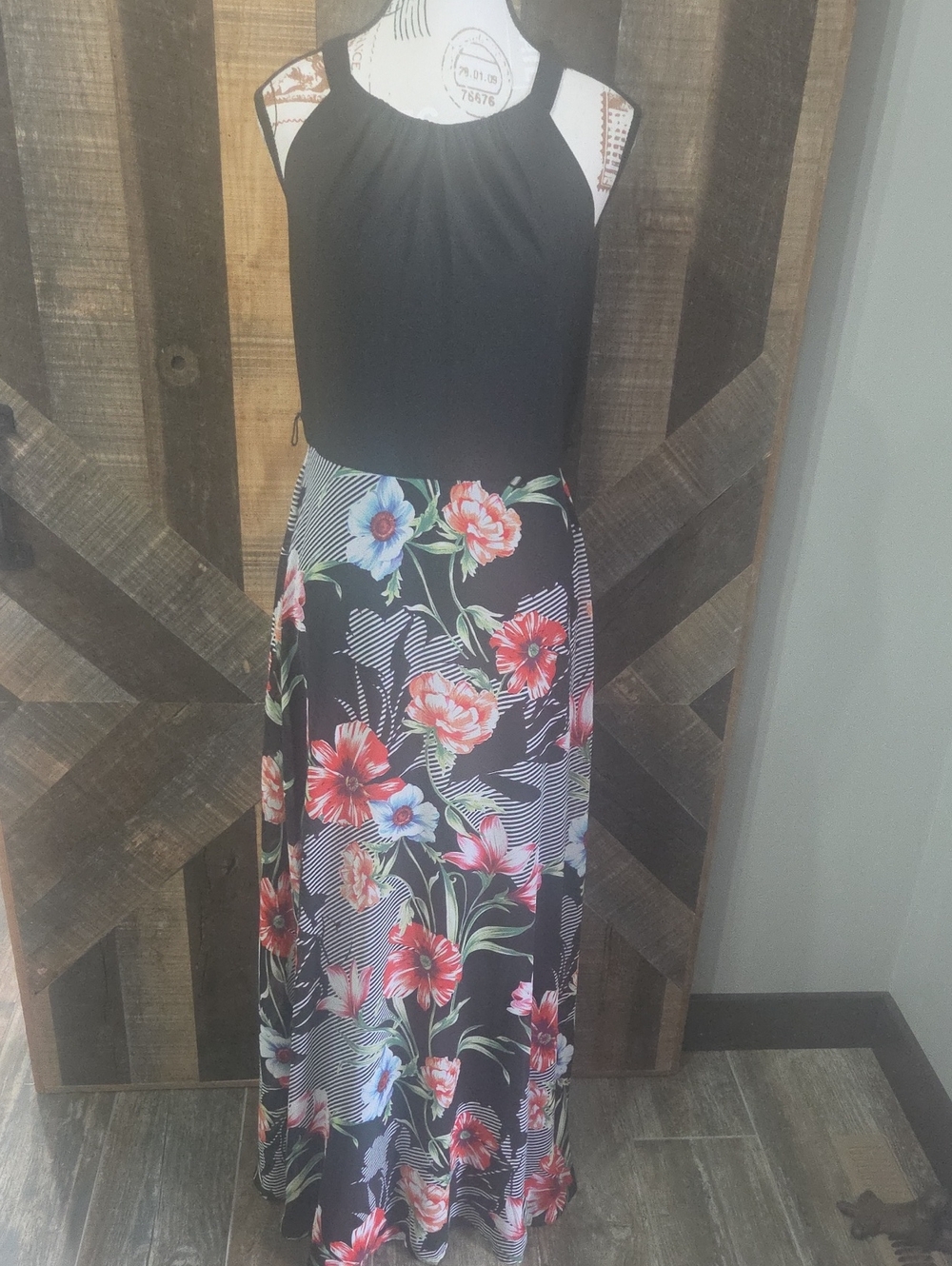 R&K Black Halter Maxi Dress with Red & Pink Floral Skirt